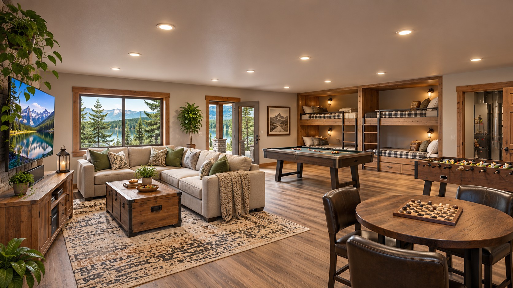 Concept for a finished walkout recreation room with lounge seating, games, and bunk area