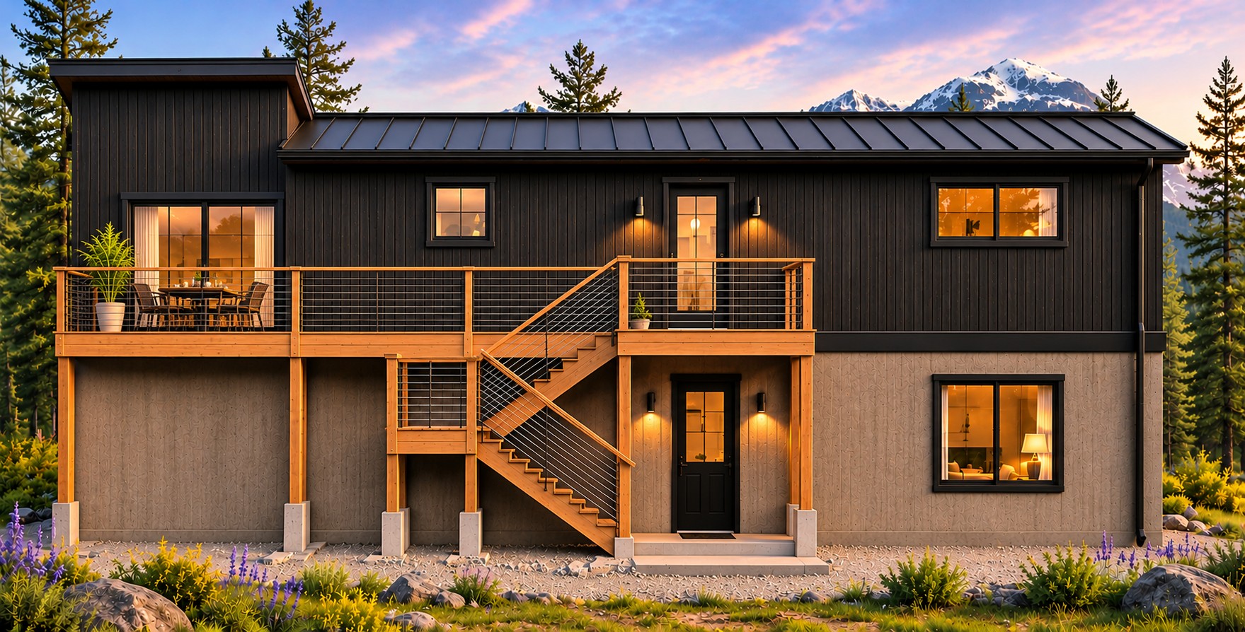 Proposed Two Pines cabin exterior with black metal roof and uncovered upper deck